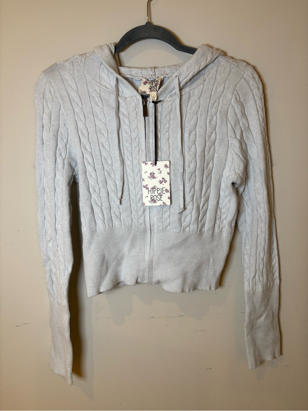 Hippie Rose Light Gray Cable-Knit Zip Hoodie with Hood